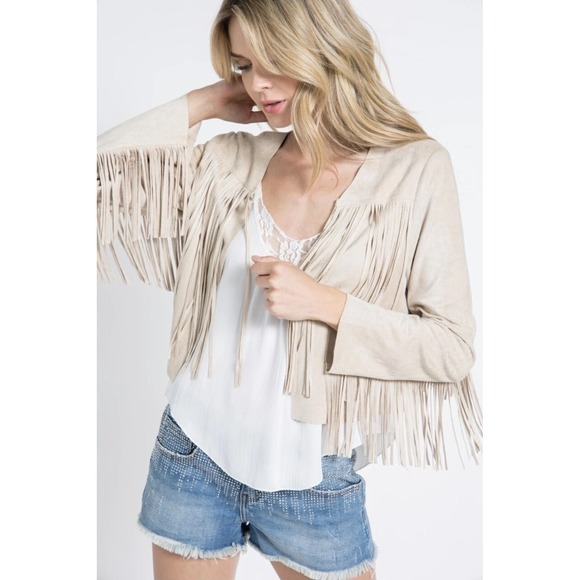 Vocal Jackets & Blazers - VOCAL FAUX SUEDE JACKET Western Boho Fringe Crop hippie cream Size Med